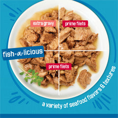 Friskies gros plan des effilés de poisson montrant texture appétissante