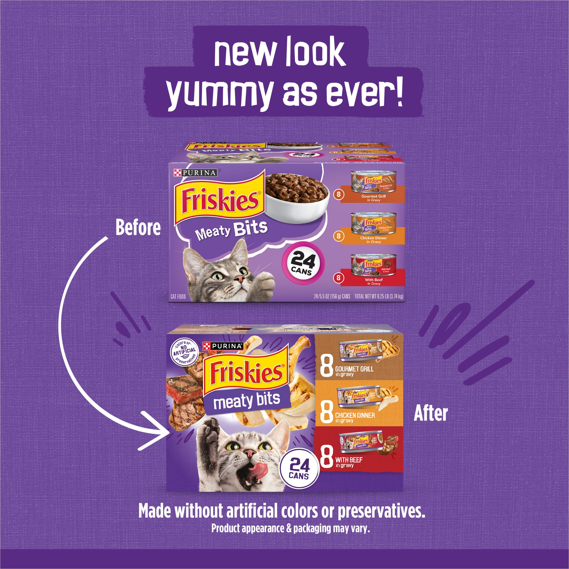 Friskies visage avant de la boîte montrant design et variété d'arômes