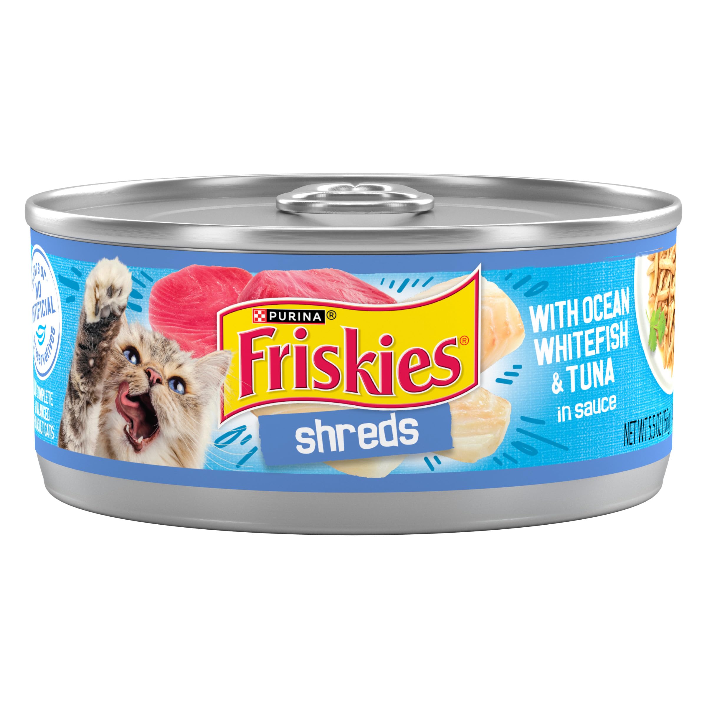 Friskies face avant de la boîte montrant le produit appétissant