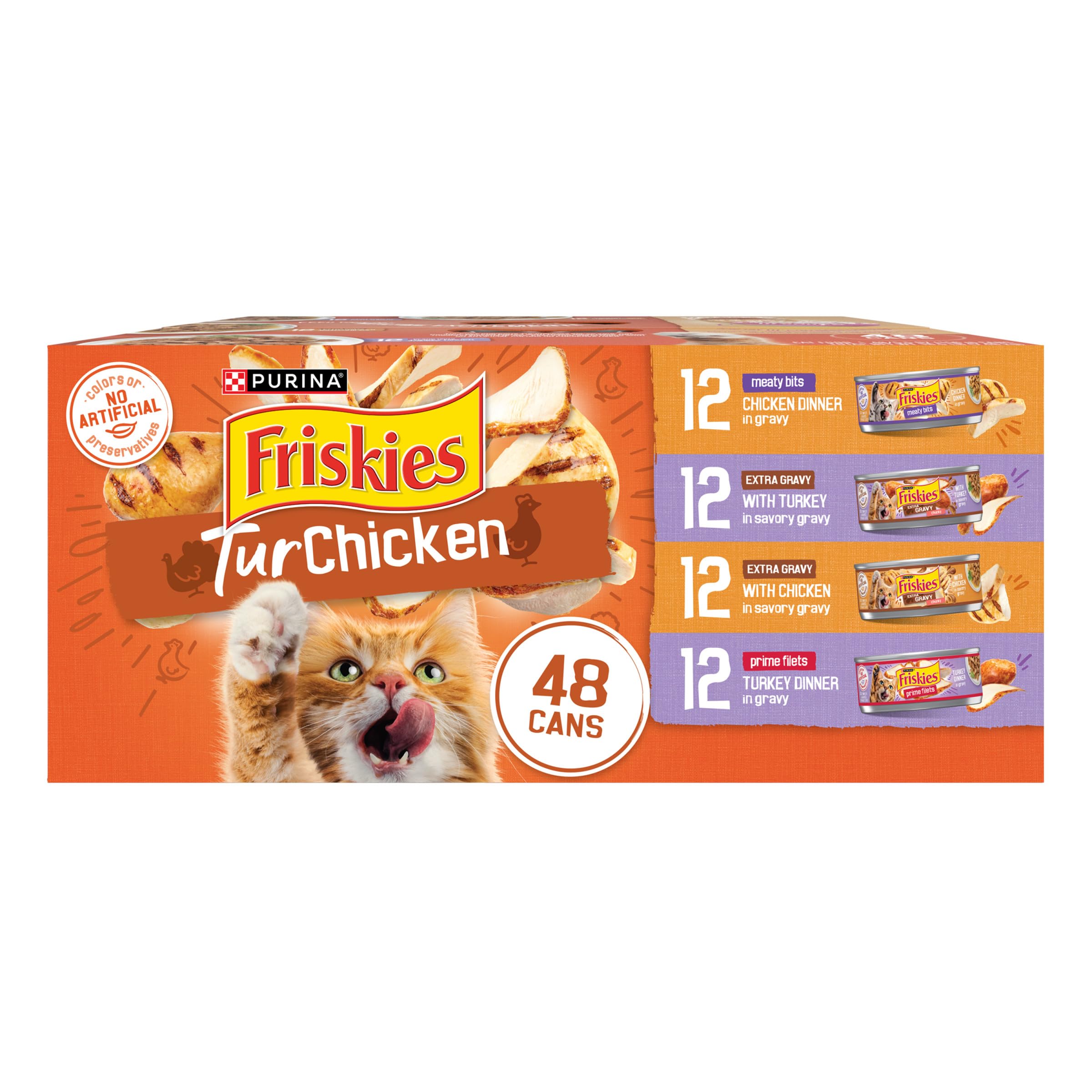 Friskies face avant du pack 48 boîtes montrant valeur et variété