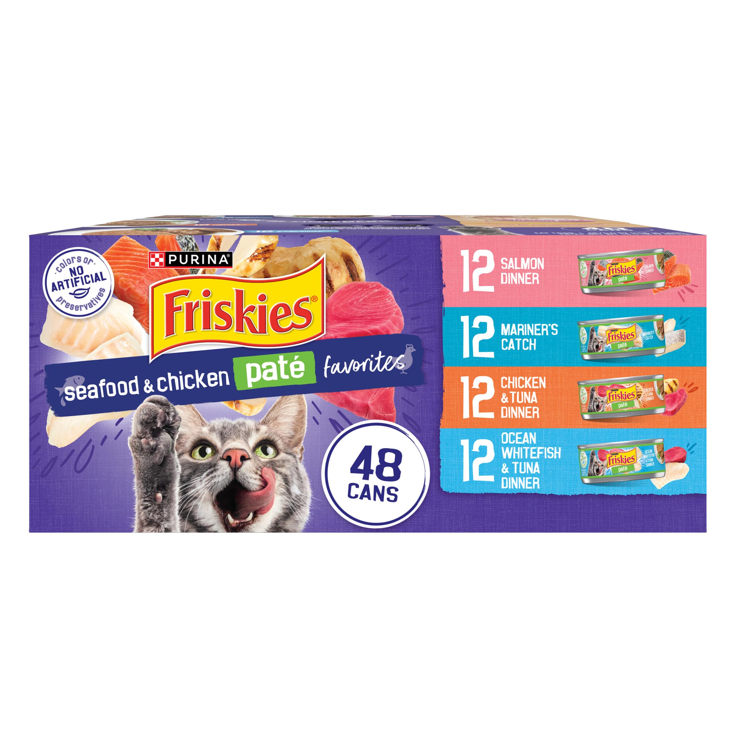 Friskies vue frontale du pack de 48 boîtes, stockage pratique