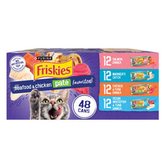 Friskies vue frontale du pack de 48 boîtes, stockage pratique