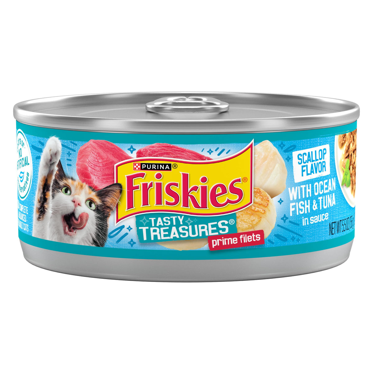 Purina Friskies face de la boîte montrant arôme pétoncle et bénéfice appétence