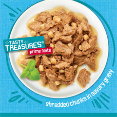 Purina Friskies gros plan des morceaux pour visualiser texture et tendreté