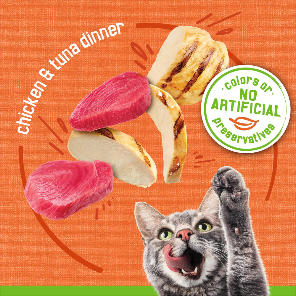 Friskies ingrédients poulet et thon exposés pour souligner la source de protéines