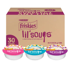 Friskies lil' soups avant-boite montrant le pack pratique et la variété
