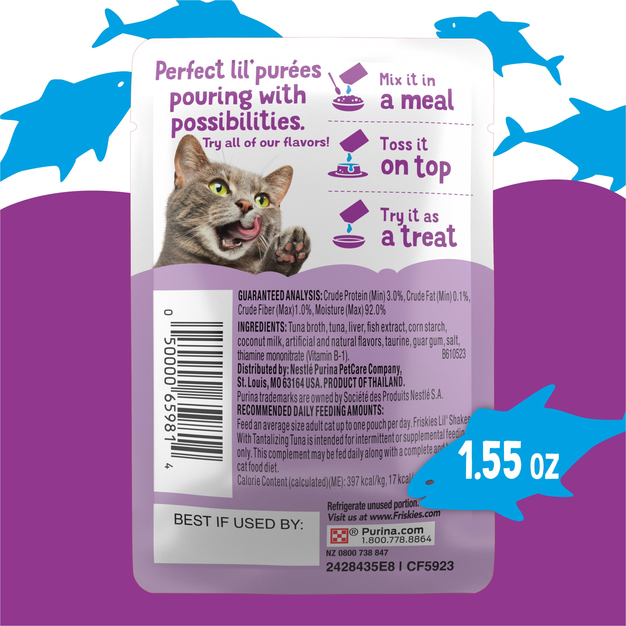 Pack assorti Friskies Lil' Shakes montrant différentes saveurs pour varier les repas
