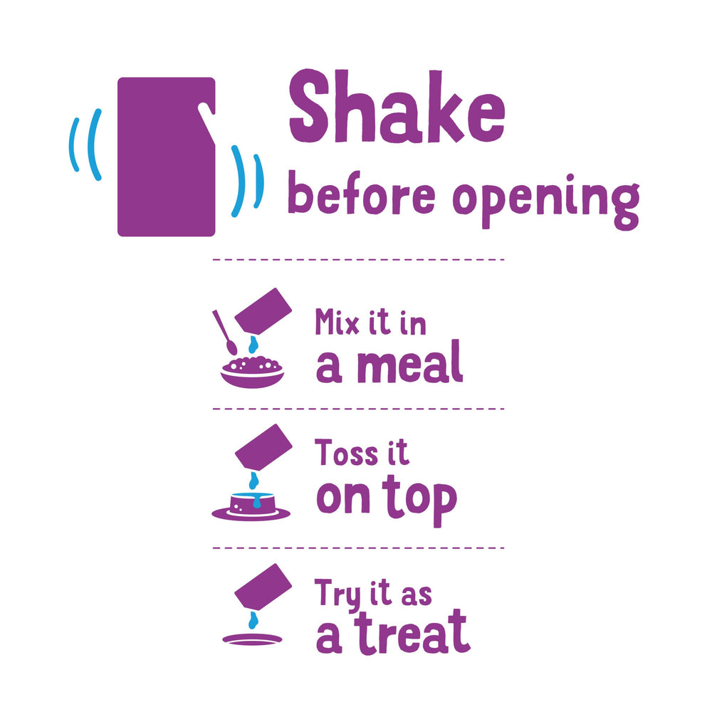 Dos du sachet Friskies Lil' Shakes montrant instructions et facilité de transport