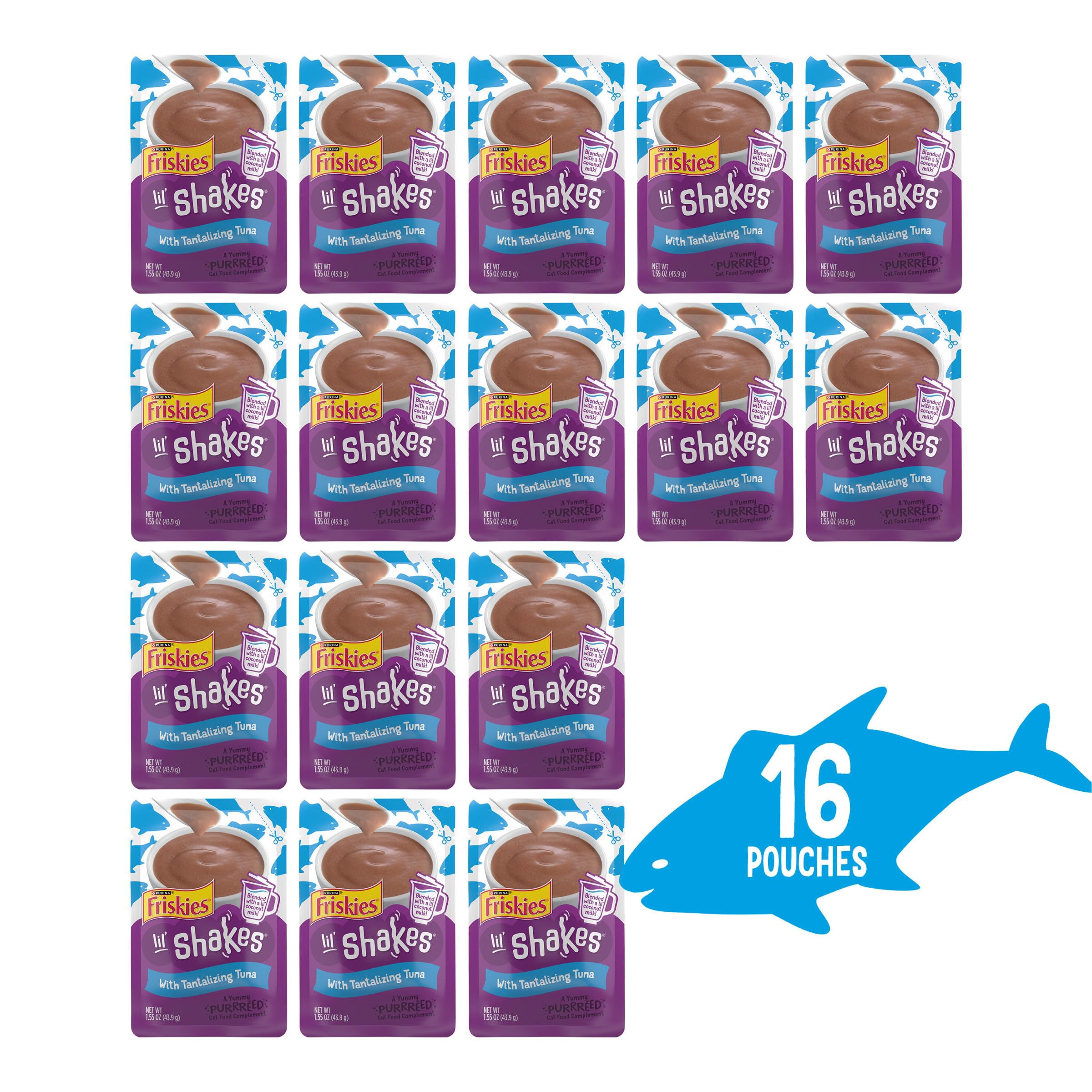 Friskies Lil' Shakes sachet ouvert montrant l'emballage pratique et portionnable