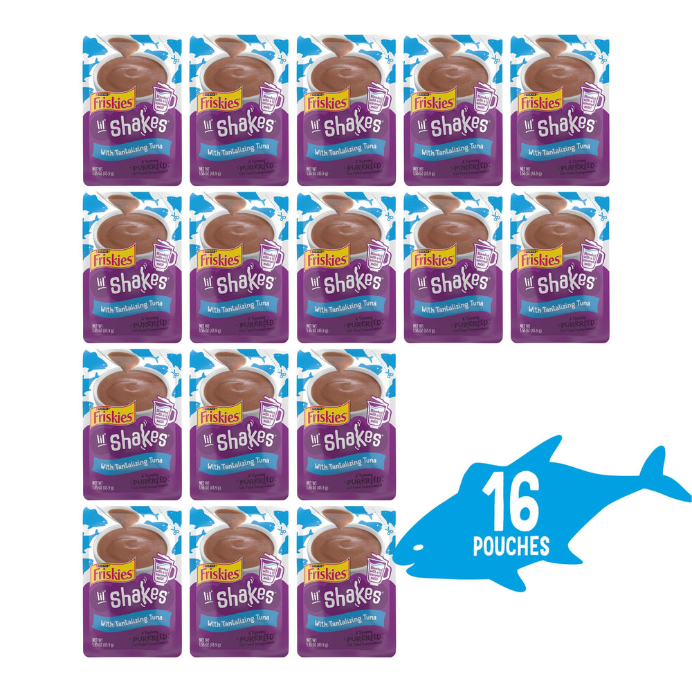 Friskies Lil' Shakes sachet ouvert montrant l'emballage pratique et portionnable