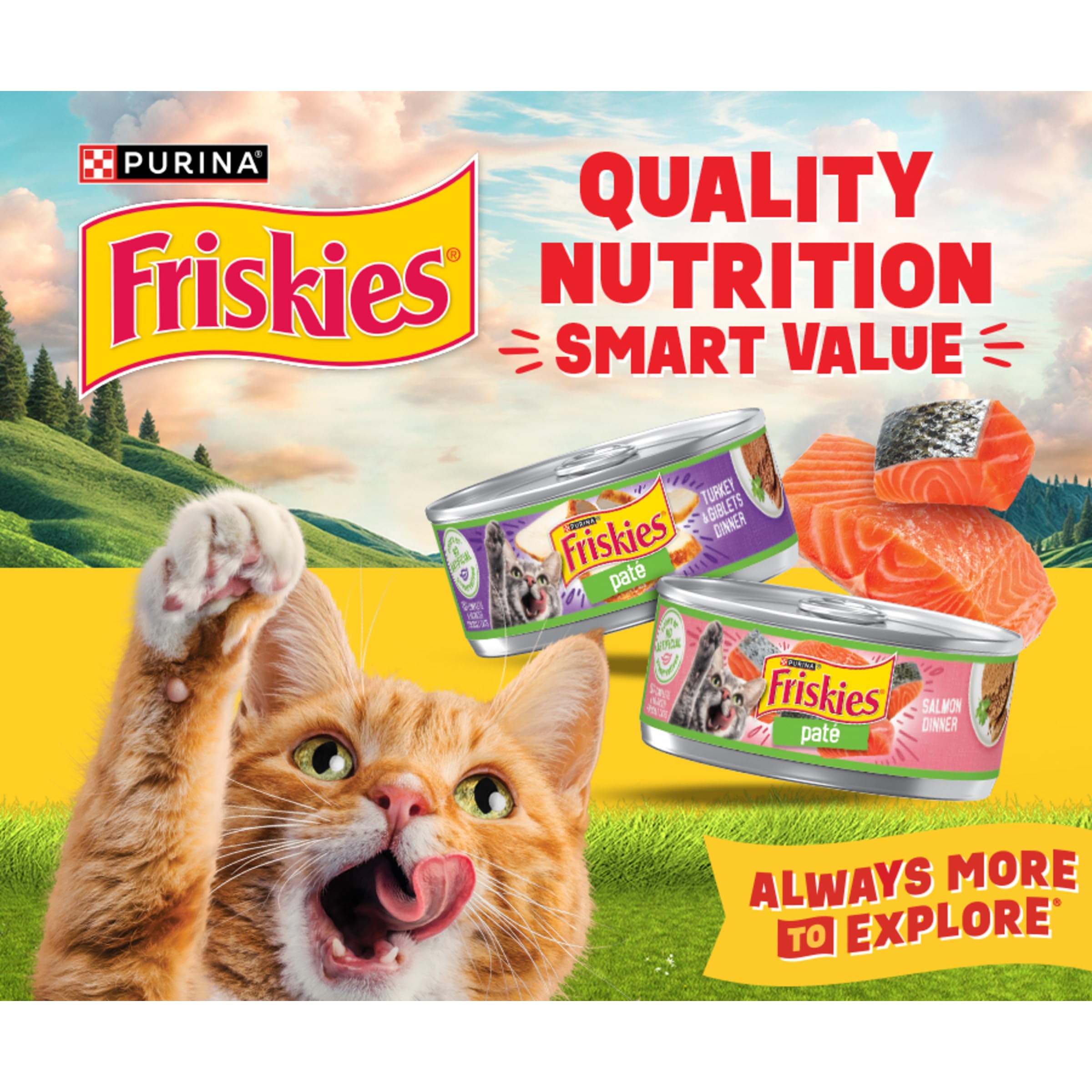 Chat mangeant Friskies pâtée saumon, stimule l'appétit des chats difficiles