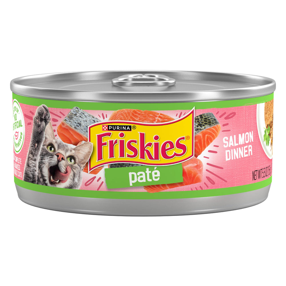 Friskies boîte face visible montrant la recette saumon, appétence garantie
