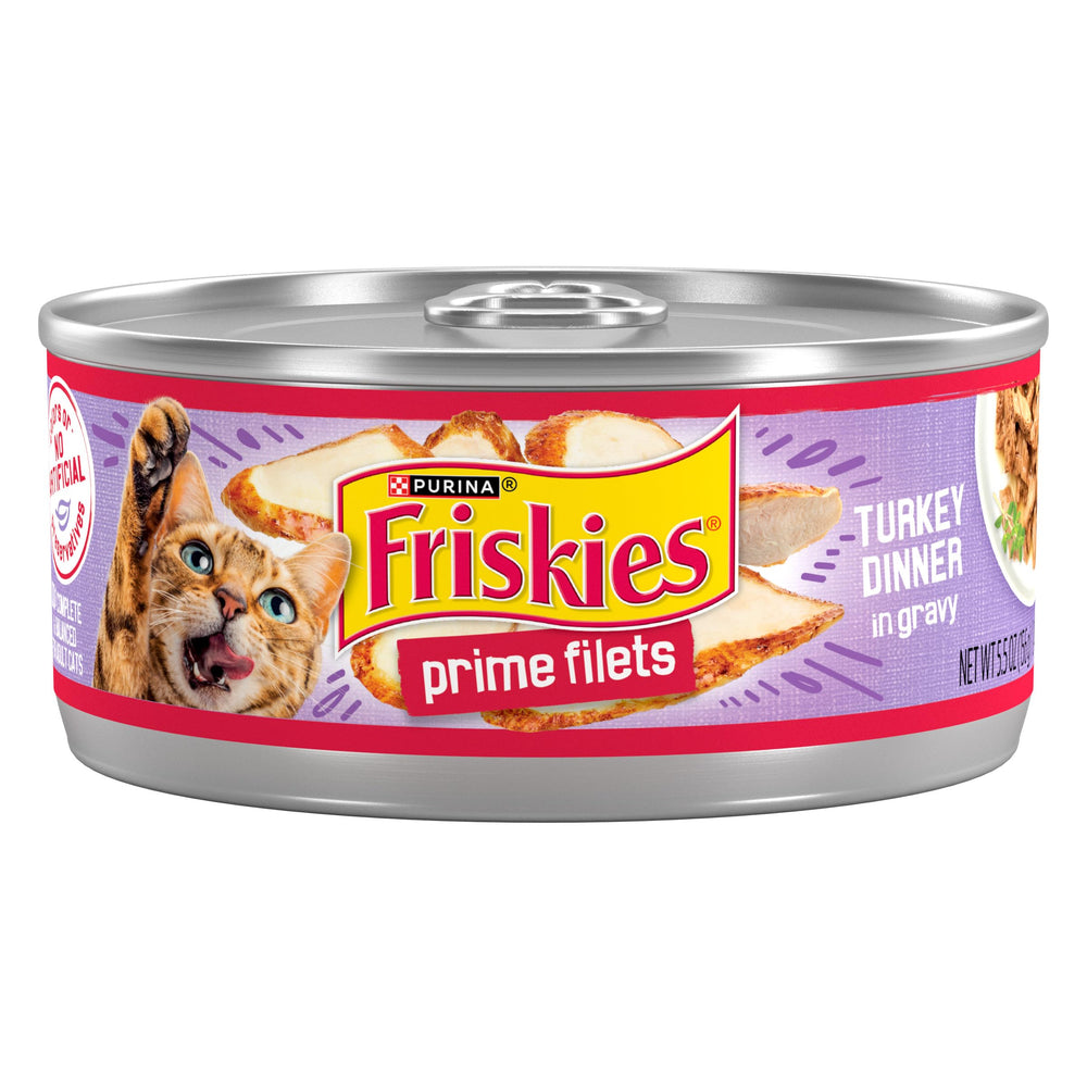 Friskies boîte avant montrant le produit et la saveur dinde bénéfice appétence