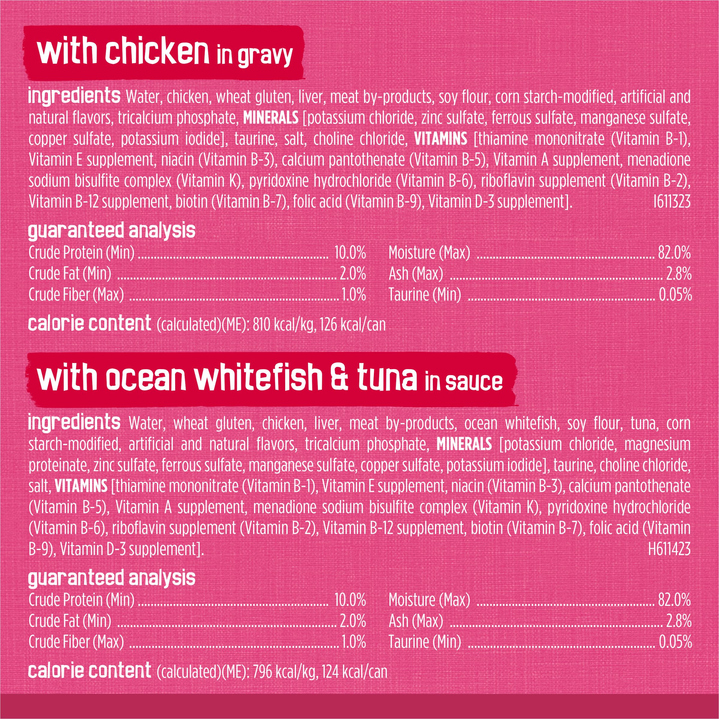 Friskies étiquette nutritionnelle montrant vitamines et minéraux essentiels