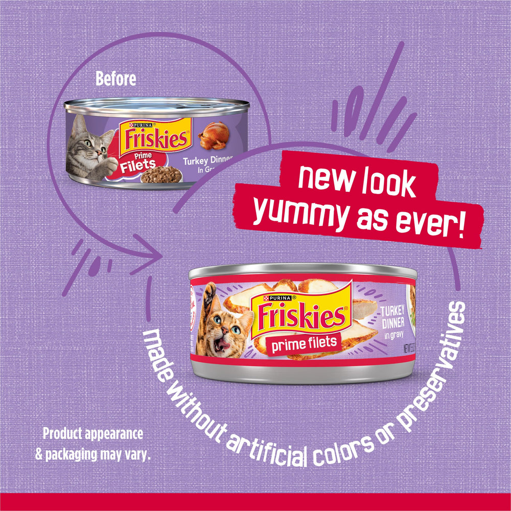 Friskies boîte ouverte gros plan montrant morceaux de dinde bénéfice texture