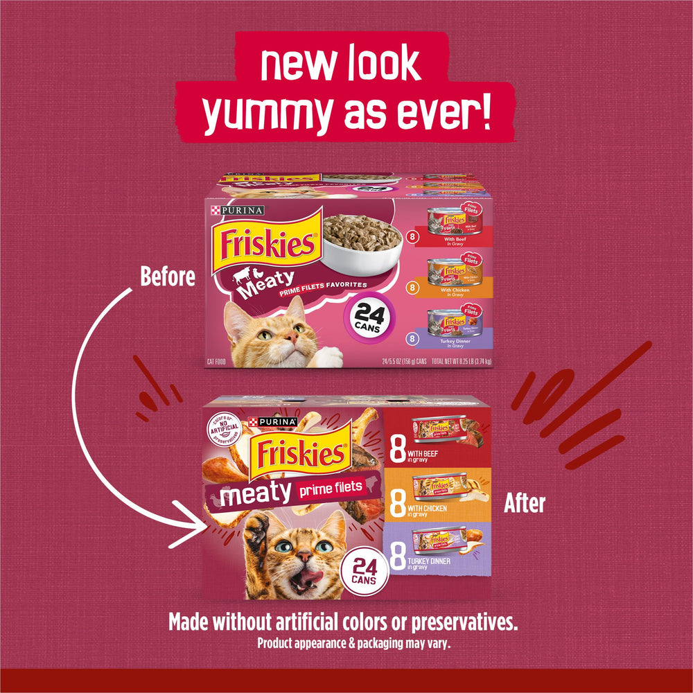 Purina Friskies boîte ouverte montrant morceaux en sauce appétissants
