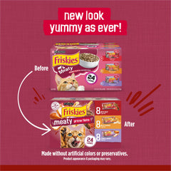 Purina Friskies boîte ouverte montrant morceaux en sauce appétissants