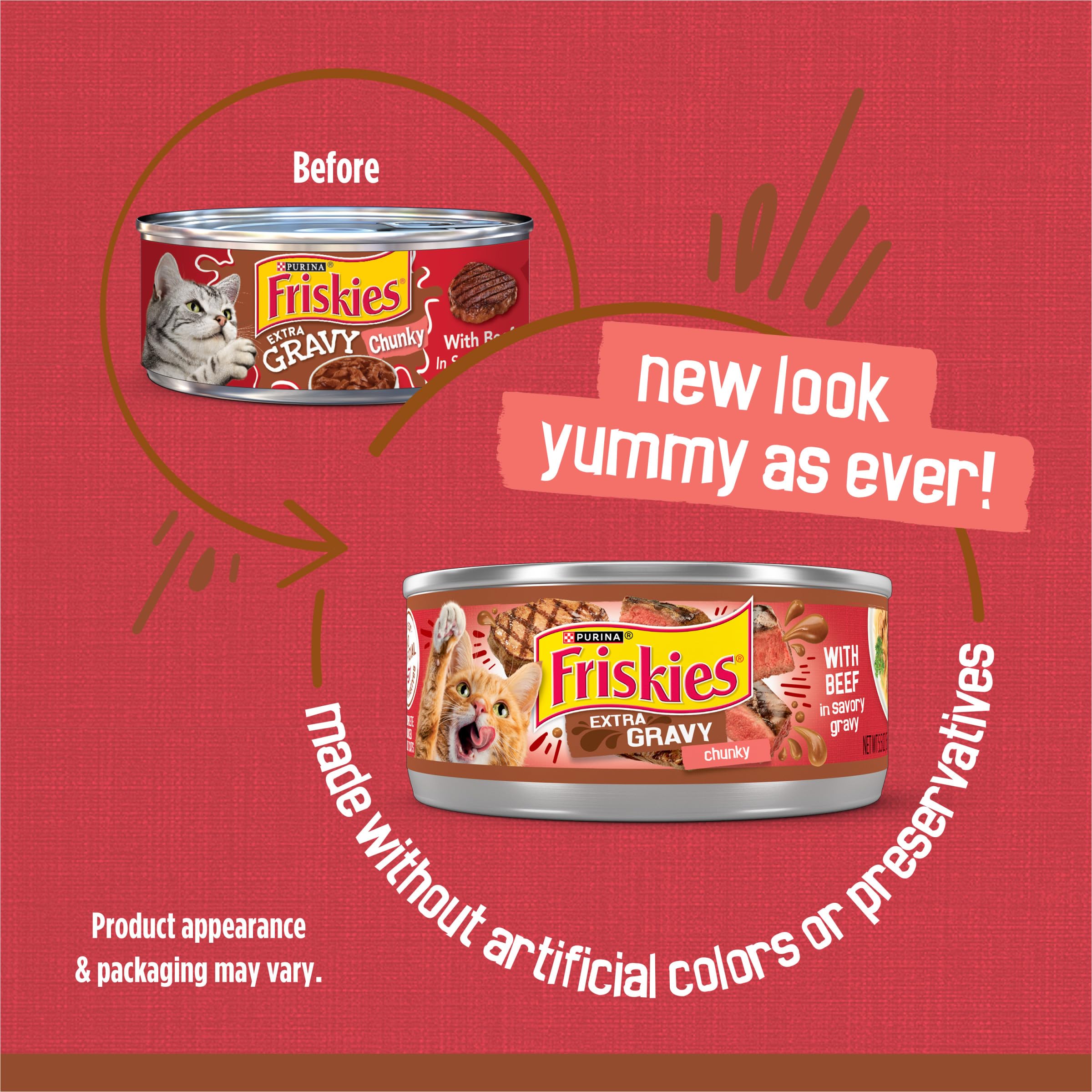 Friskies Purina conserve ouverte révélant morceaux de bœuf et grande quantité de sauce appétissante