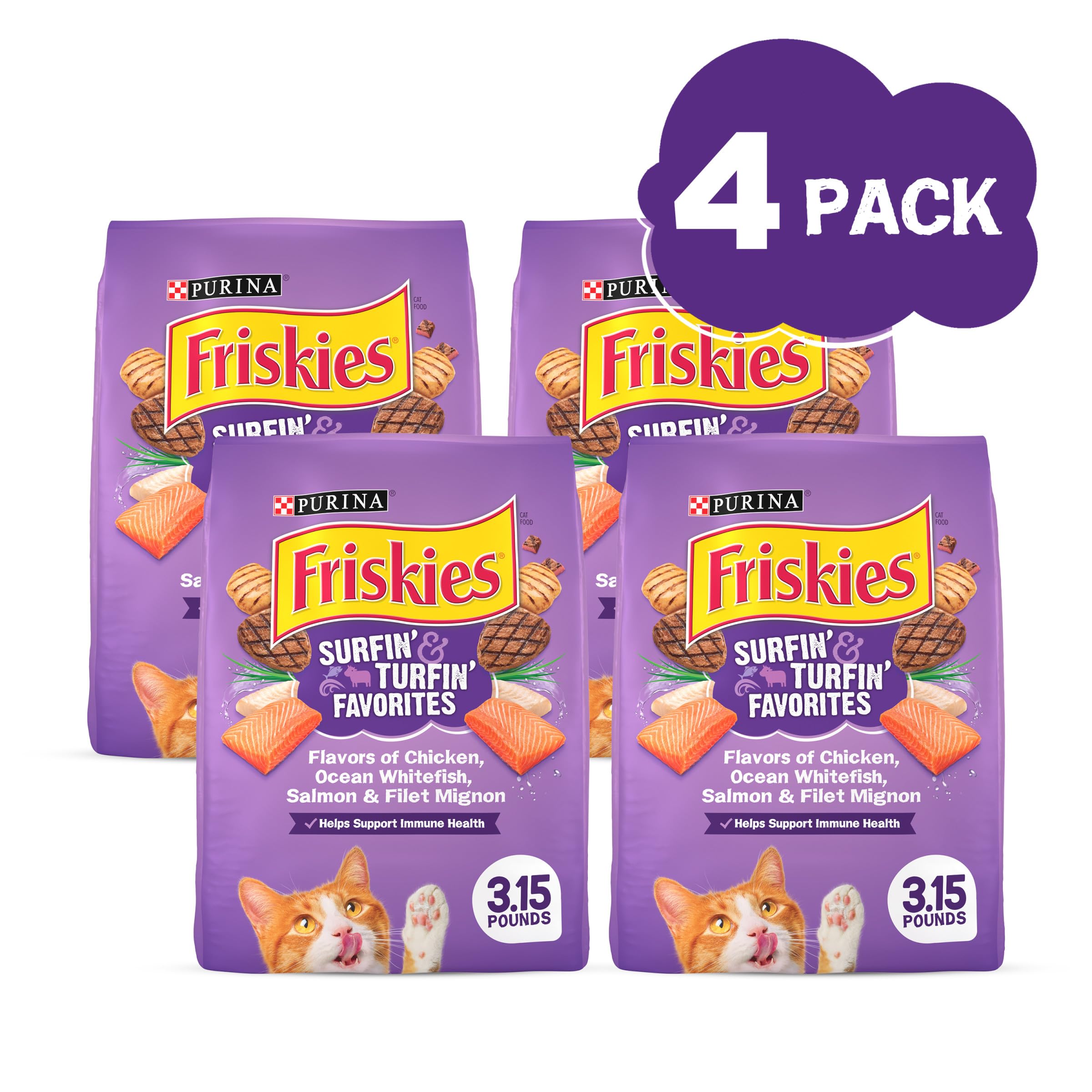 Friskies Purina assortiment de croquettes montrant poulet, poisson blanc, saumon et filet mignon