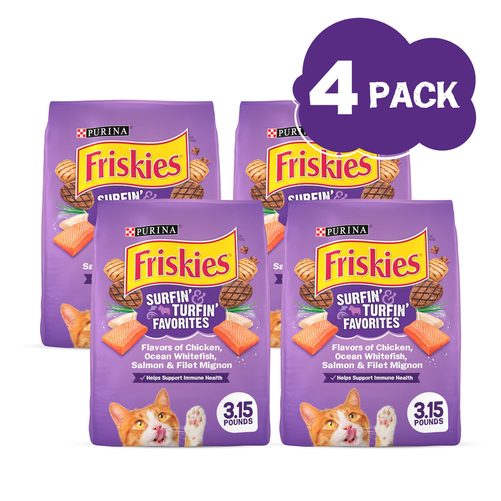 Friskies Purina assortiment de croquettes montrant poulet, poisson blanc, saumon et filet mignon