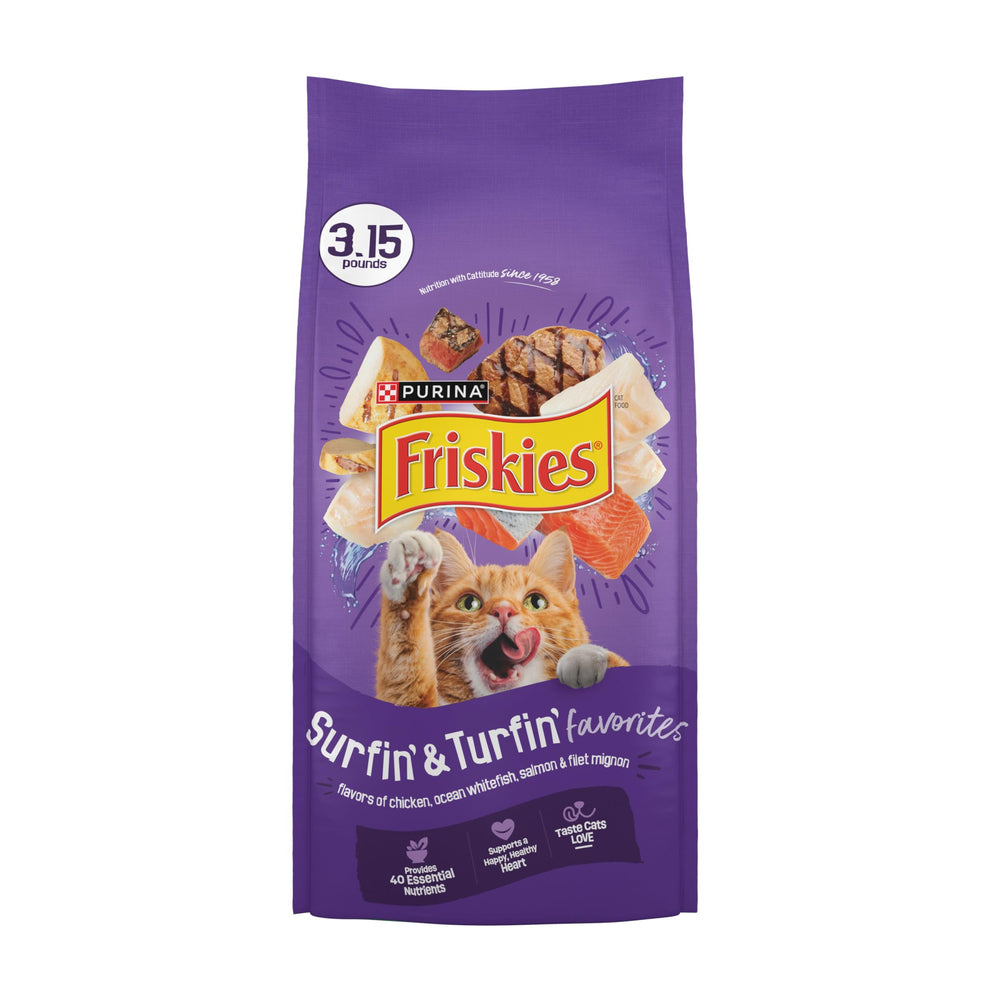 Friskies Purina vue avant du sac montrant les saveurs variées et l'équilibre nutritionnel