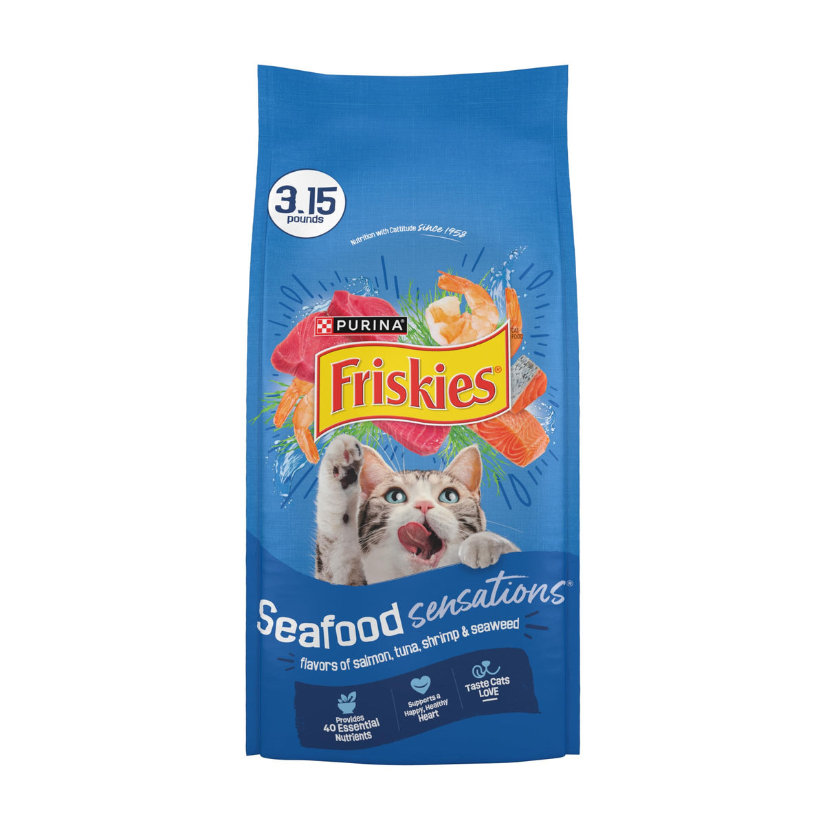 Friskies Purina emballage avant montrant le lot et bénéfice conservation