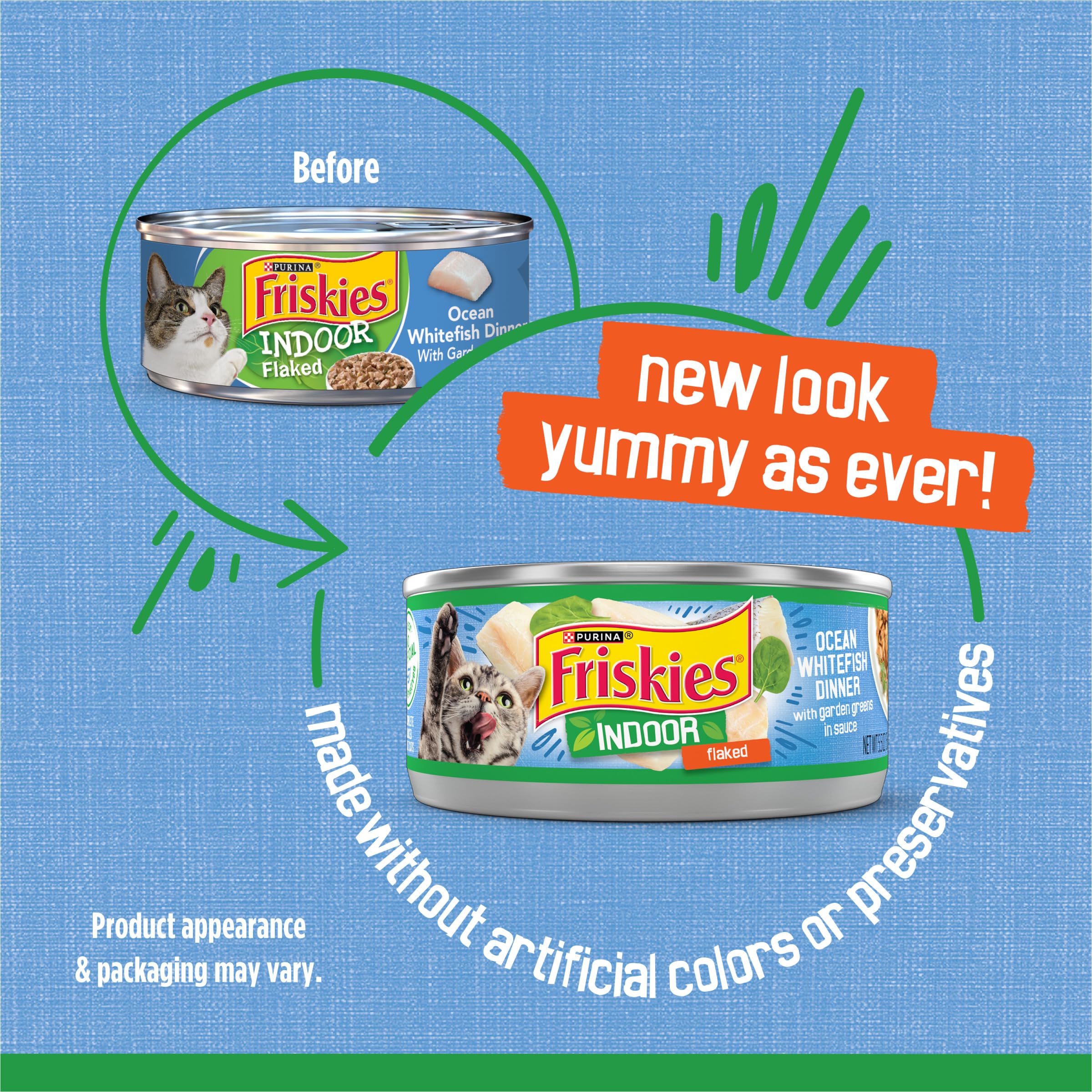Friskies Purina gros plan flocons de poisson blanc, richesse en protéines
