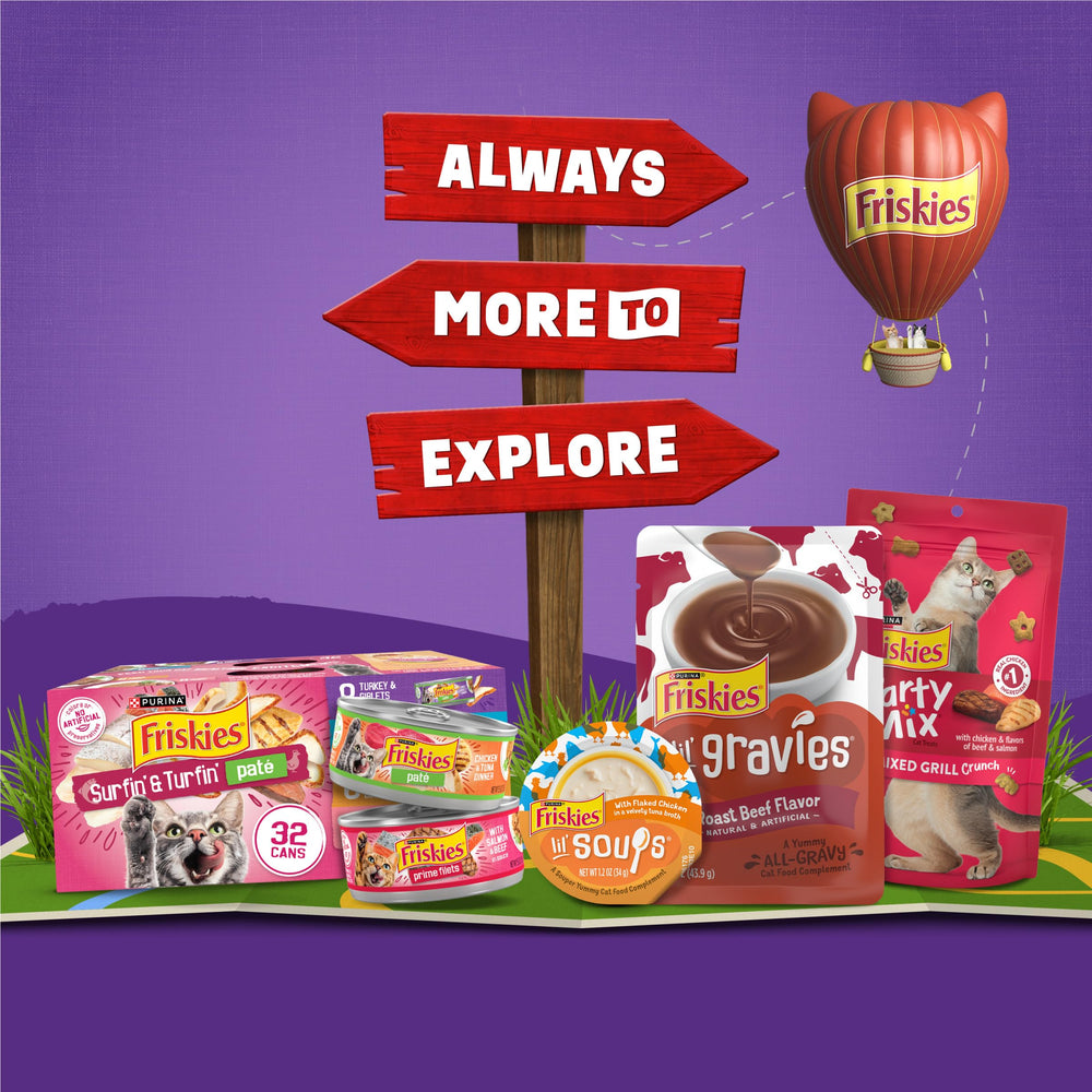 Friskies Purina illustration des ingrédients principaux pour visualiser les saveurs marines et carnées