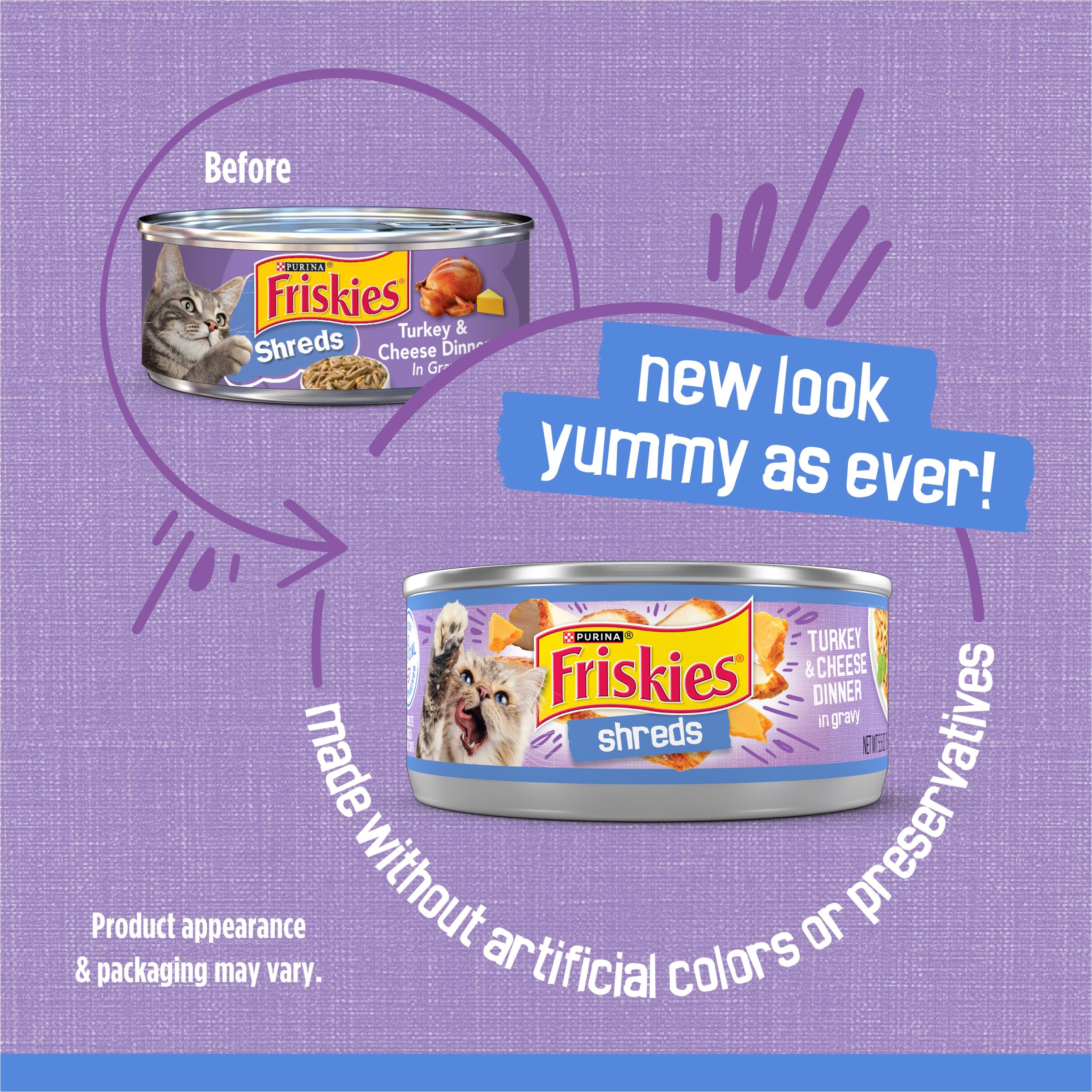 Friskies Purina boîte ouverte révélant des effilochés de dinde appétissants
