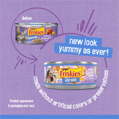 Friskies Purina boîte ouverte révélant des effilochés de dinde appétissants