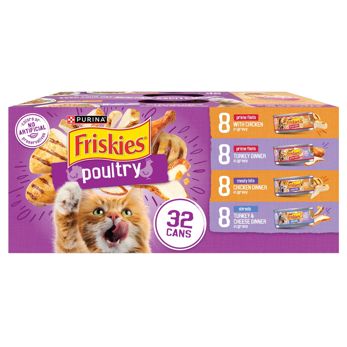 Friskies Purina pack face montrant les 32 boîtes, facilite le stockage