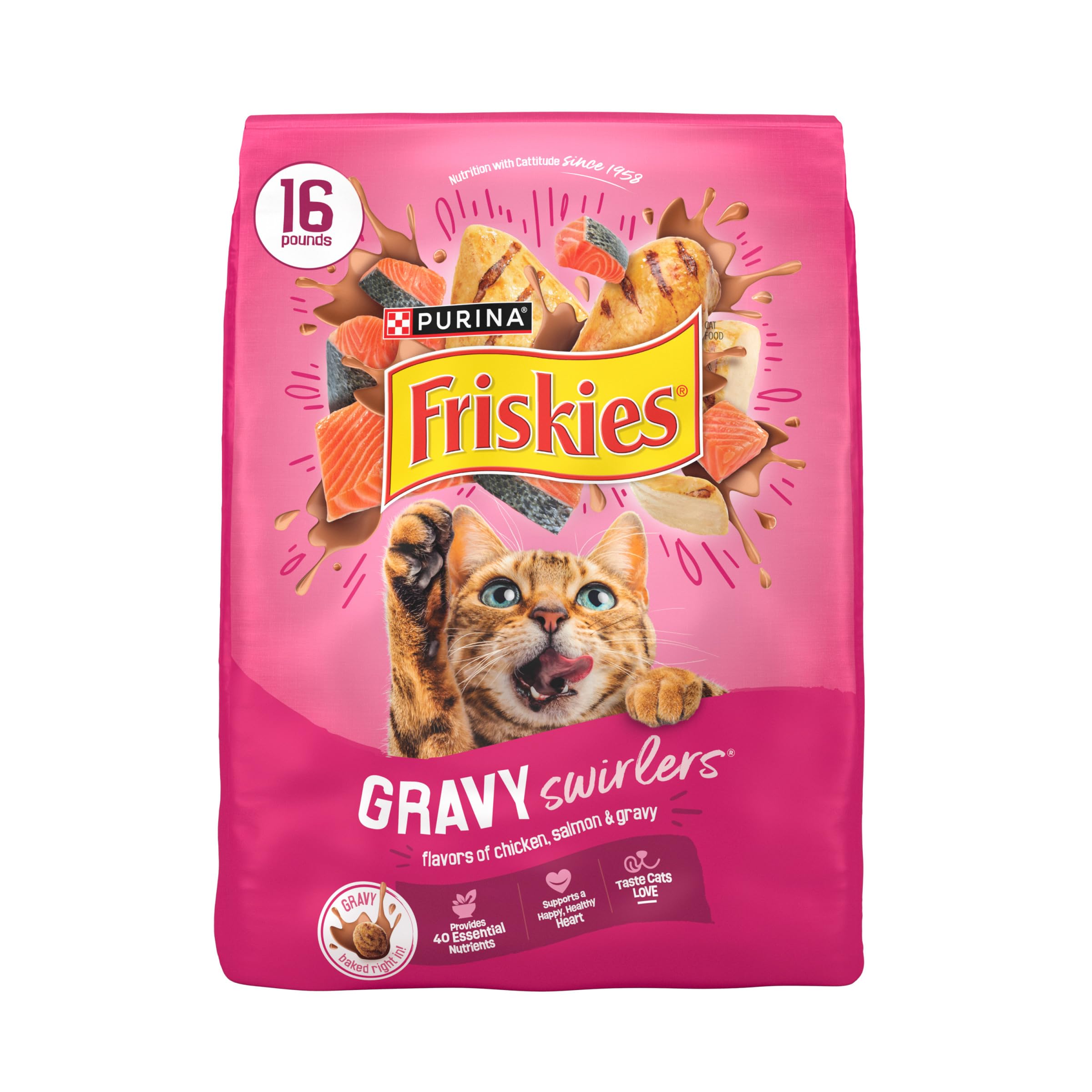 Friskies Purina sachet avant montrant saveur poulet et saumon et bénéfice appétence