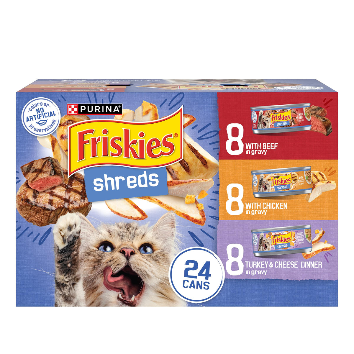 Friskies Purina Shreds face de la boîte montrant la saveur et avantage appétent
