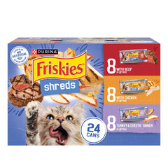 Friskies Purina Shreds face de la boîte montrant la saveur et avantage appétent