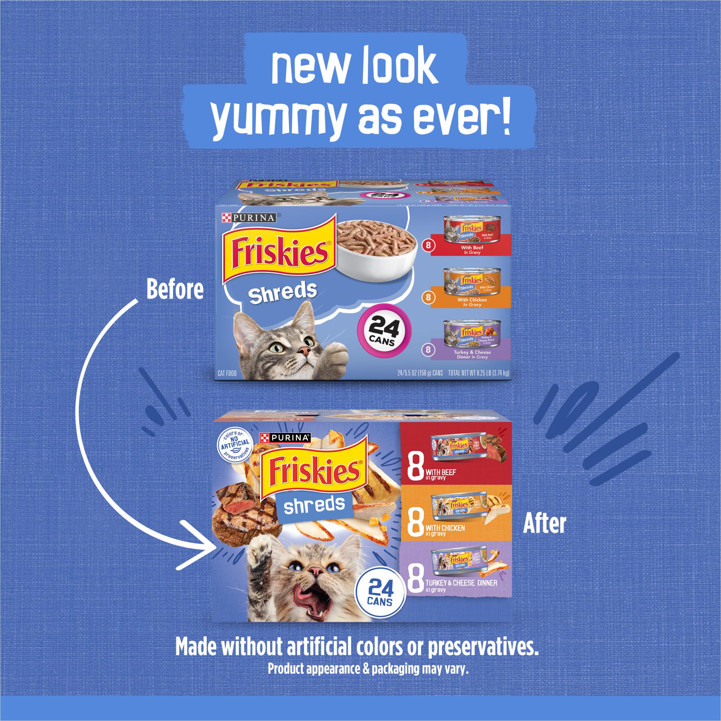 Friskies Purina Shreds gros plan sur morceaux effilochés montrant attraction gustative