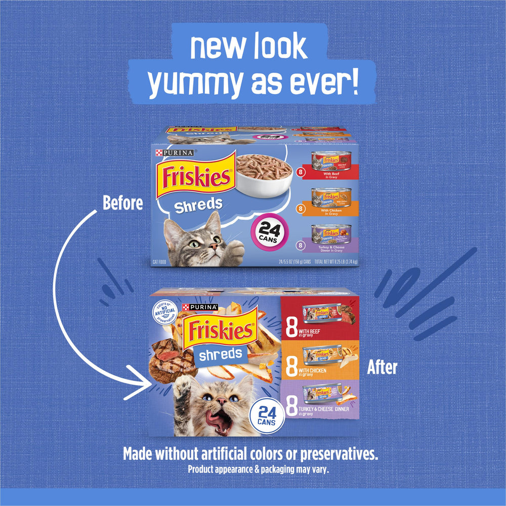 Friskies Purina Shreds gros plan sur morceaux effilochés montrant attraction gustative