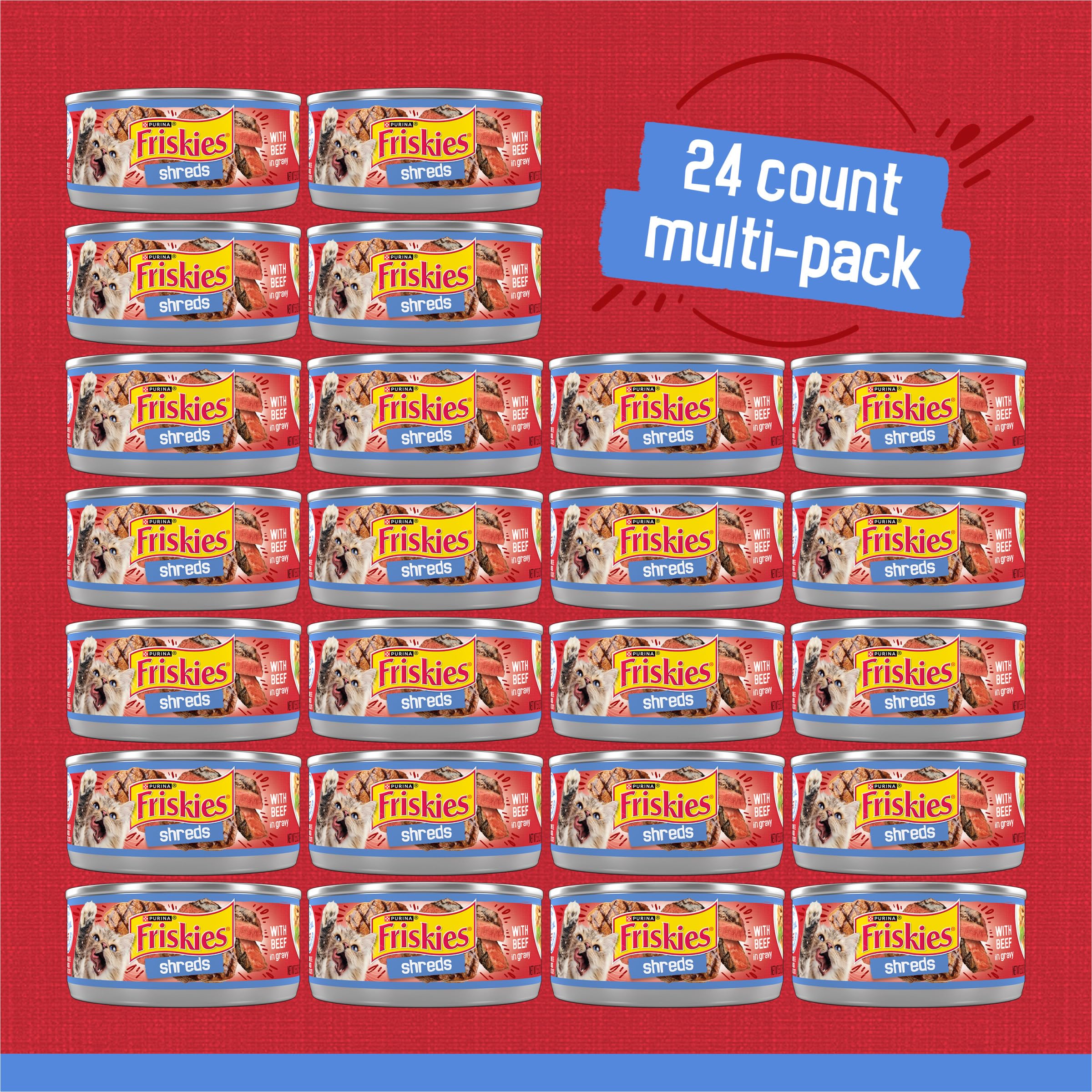 Friskies Shreds au bœuf servi dans une assiette pour chat, portion prête à être consommée