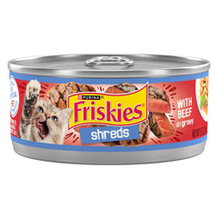 Friskies Shreds au bœuf devant la boîte, présente une option pratique et appétente