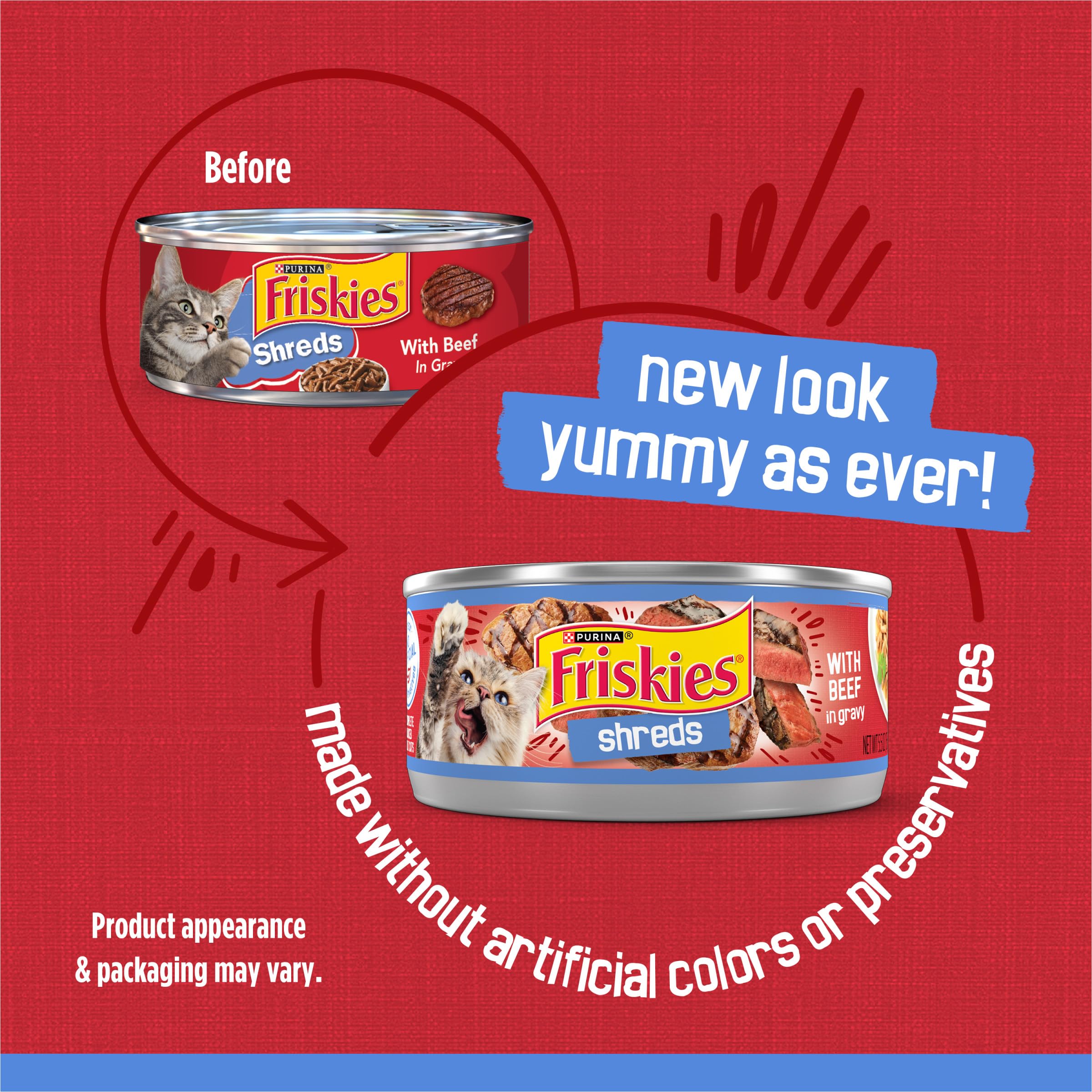 Friskies Shreds au bœuf conserve ouverte montrant la sauce et la viande pour appétence