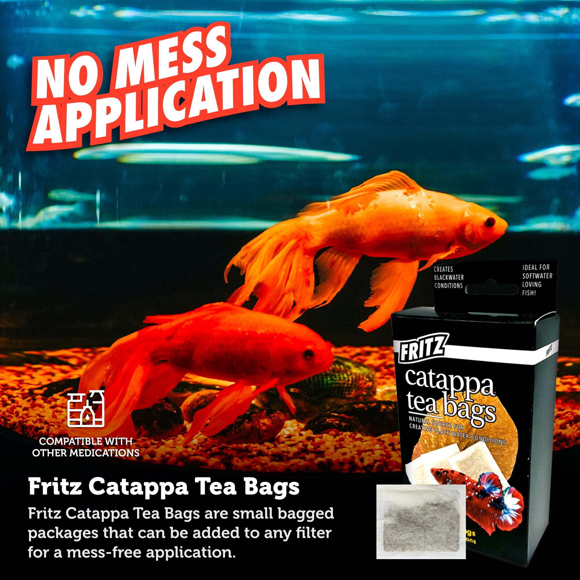 Aquarium avec betta et sachet Fritz Aquatics, refuge et confort pour le poisson