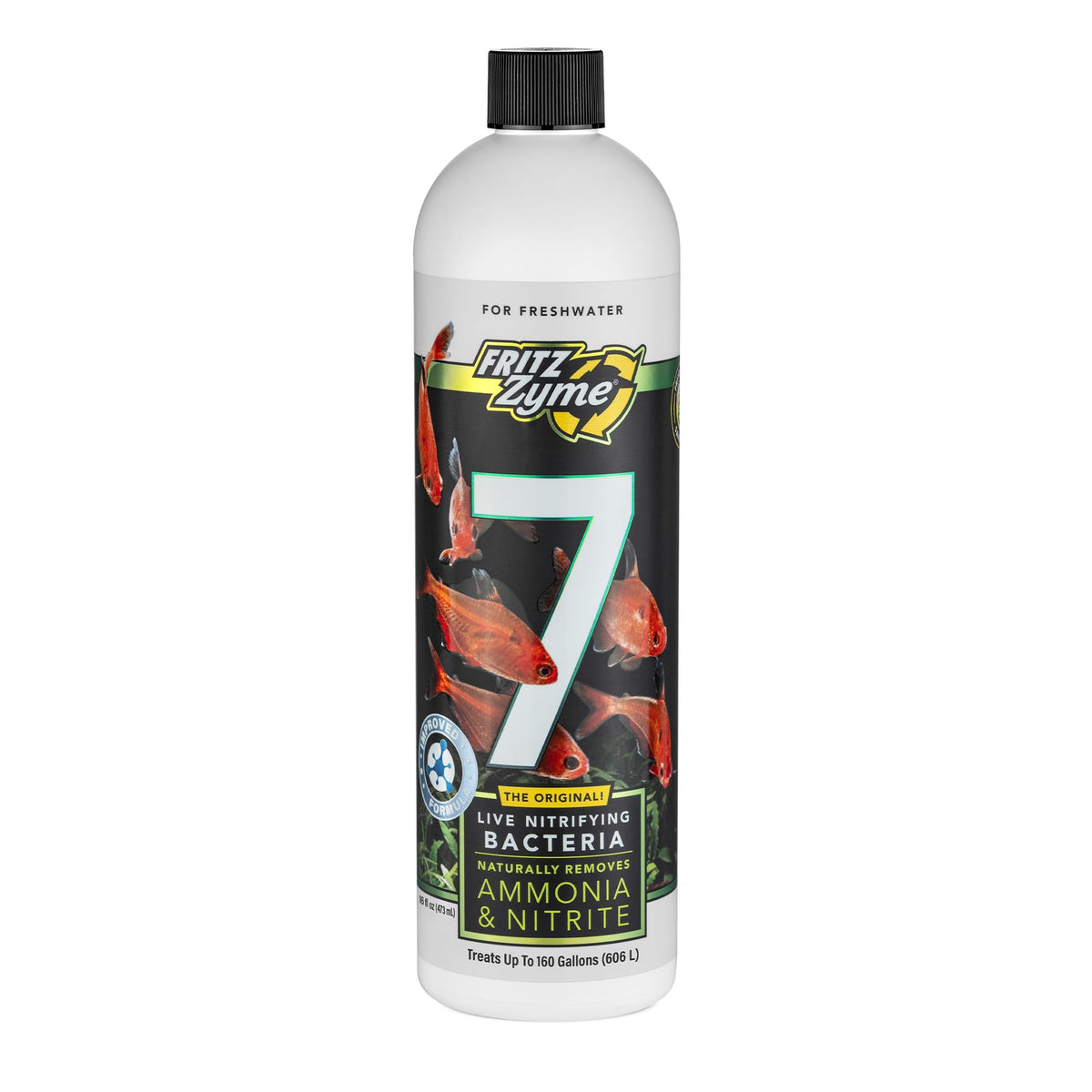 Fritz Aquatics flacon FritzZyme 7 montrant l'avant et lisibilité de l'étiquette