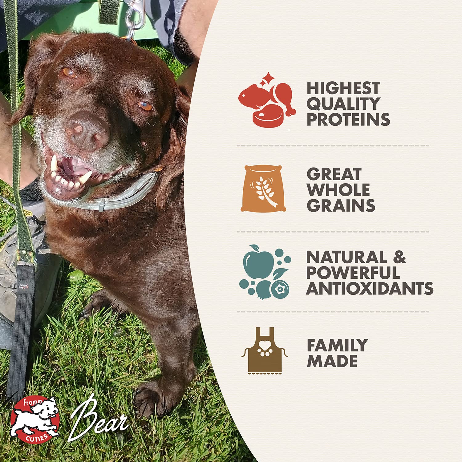 sac Fromm et mesureur illustrant portions adaptées selon le poids du chien