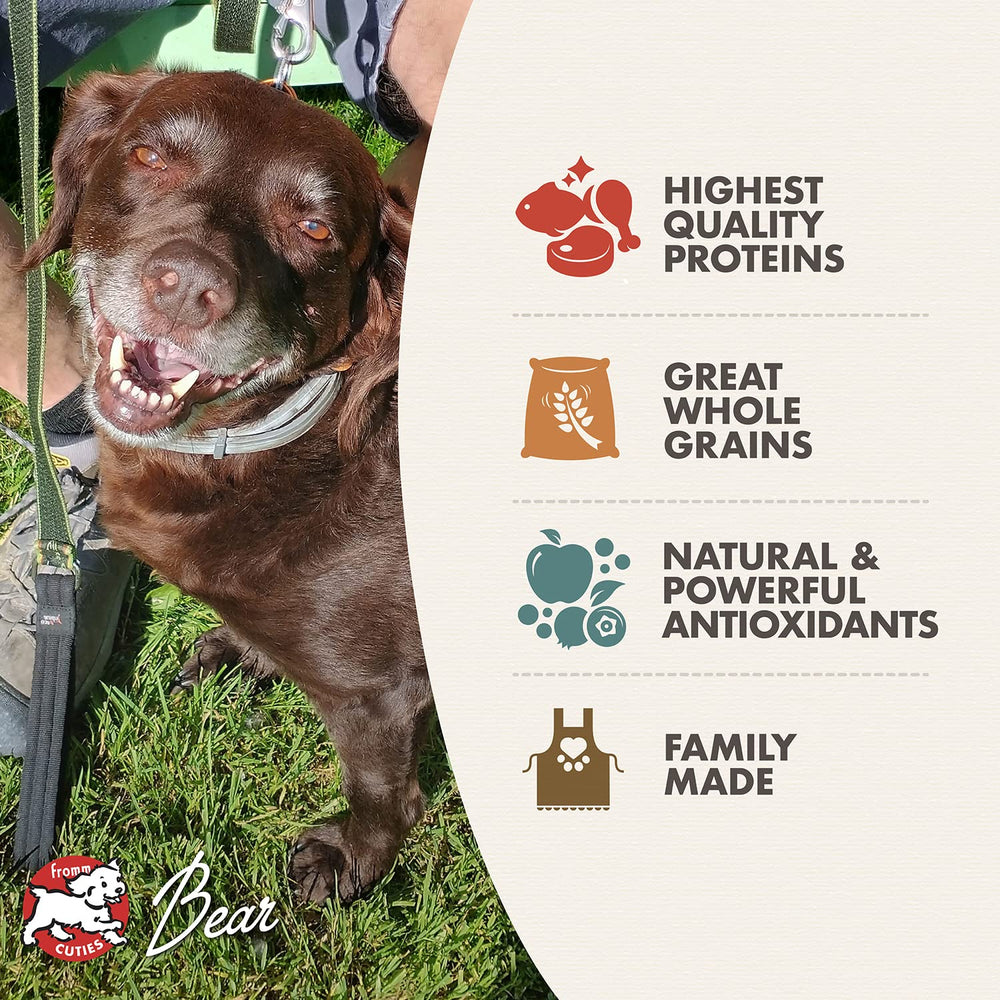 sac Fromm et mesureur illustrant portions adaptées selon le poids du chien