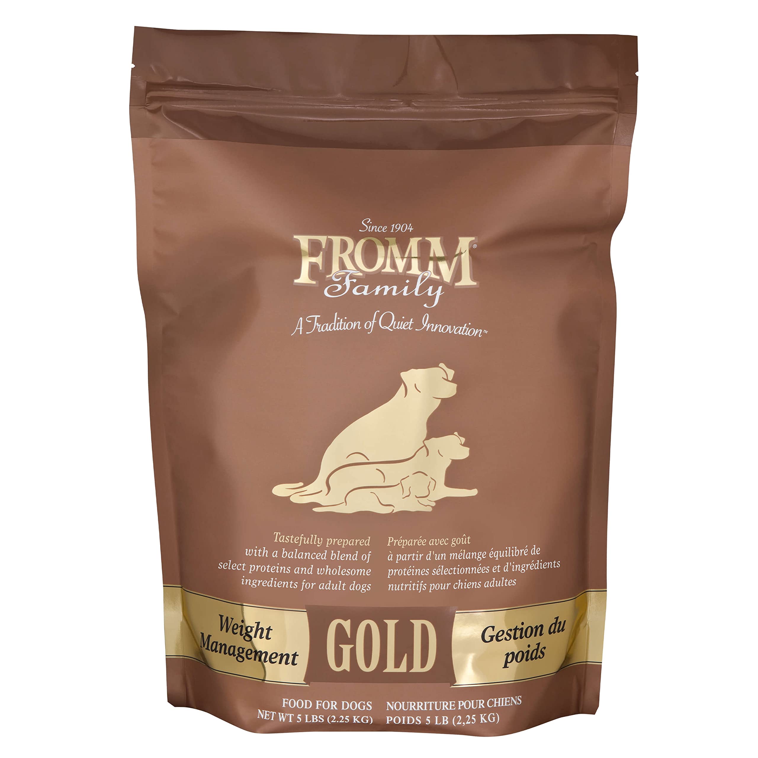Fromm emballage avant 5 lb montrant recette dinde et bénéfice contrôle poids