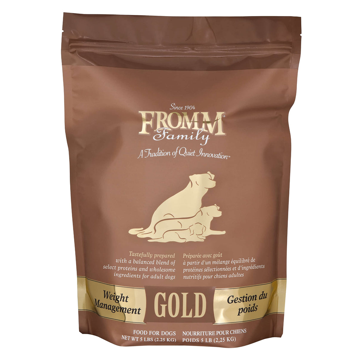 Fromm emballage avant 5 lb montrant recette dinde et bénéfice contrôle poids