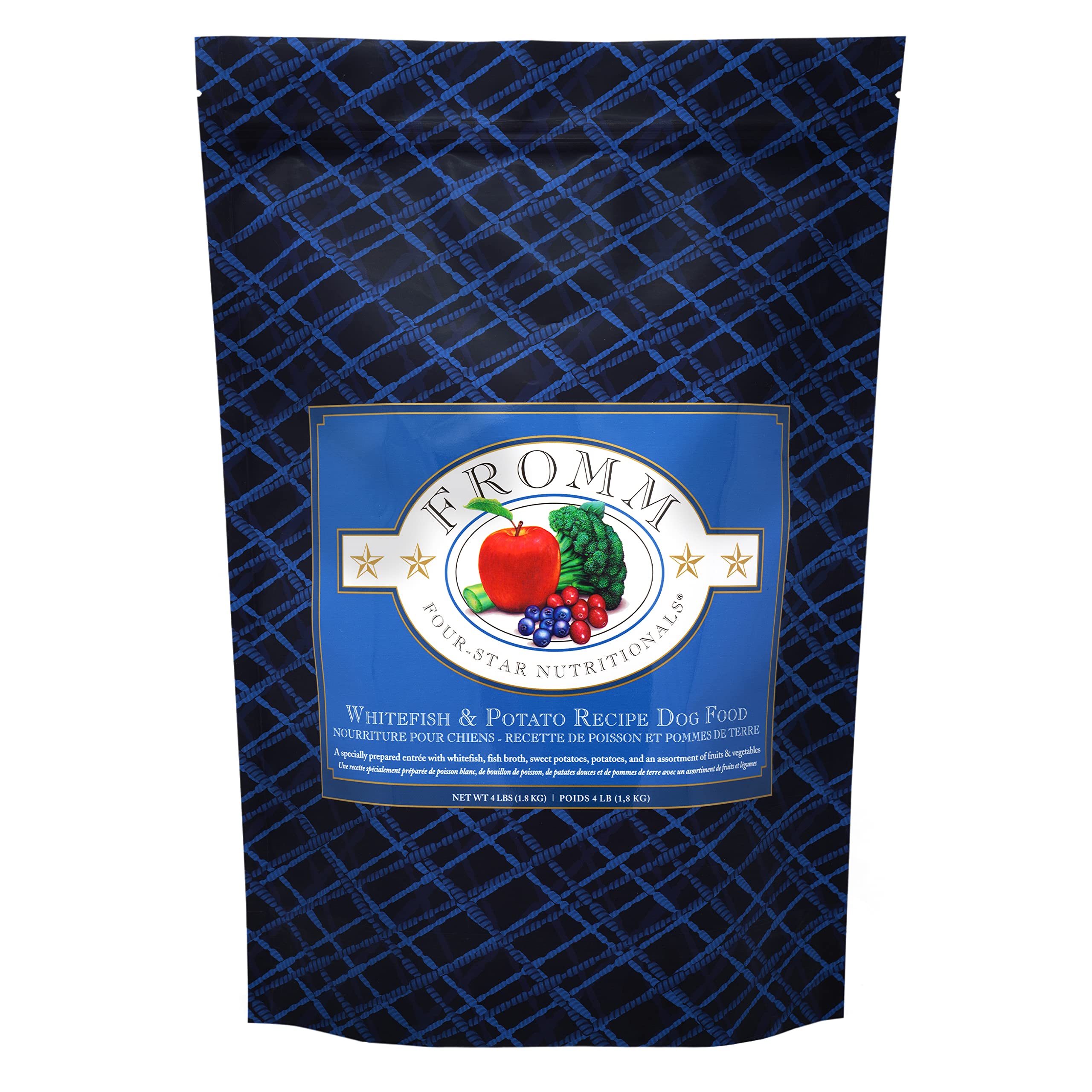 Fromm sac Four-Star devant montrant la recette Whitefish & Potato et avantage qualité