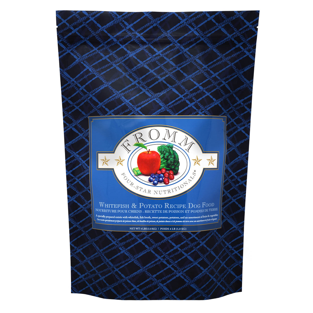 Fromm sac Four-Star devant montrant la recette Whitefish & Potato et avantage qualité