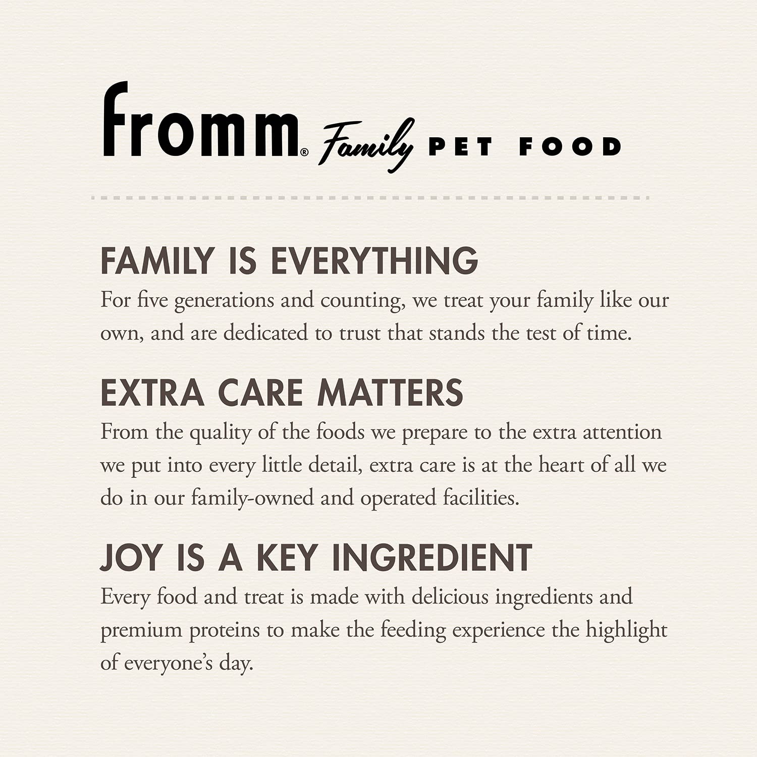 Fromm ingrédients montrant grains entiers et cacahuète, indication d'une recette complète