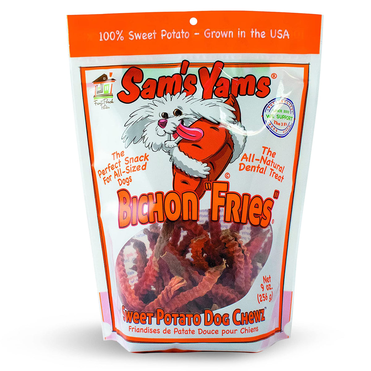 Front Porch Pets emballage face montrant Sam's Yams et fermeture refermable bénéfice fraîcheur