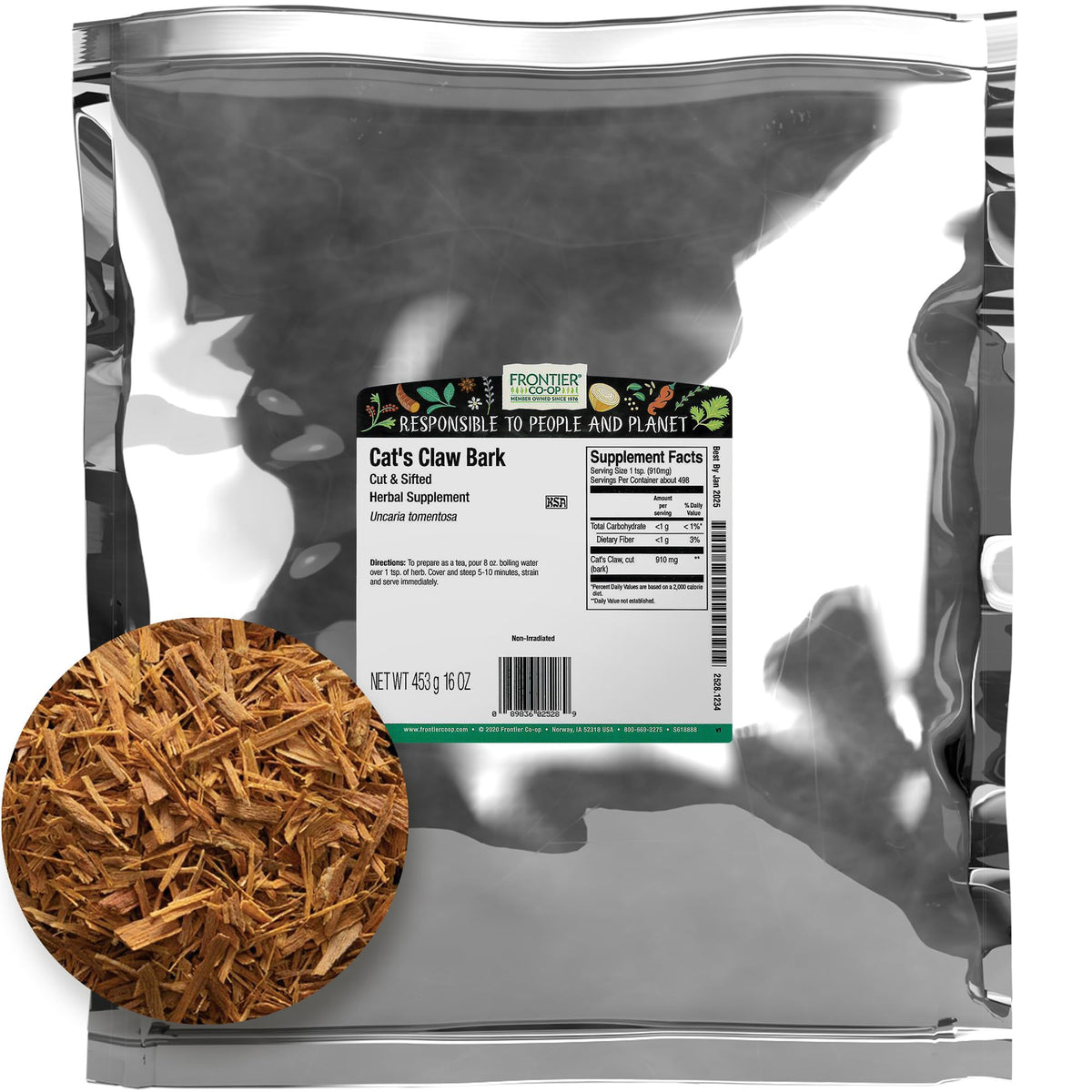 Frontier Co-op écorce de Cat's Claw en sac refermable offrant fraîcheur et praticité